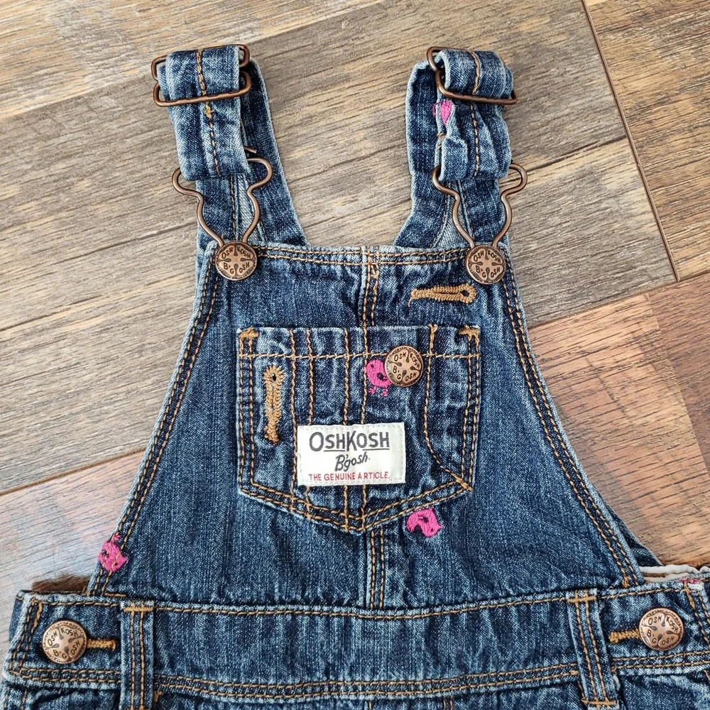 Oshkosh B'gosh Blue Jean Overalls With Pink Embroidered Birds, Size 9 Months